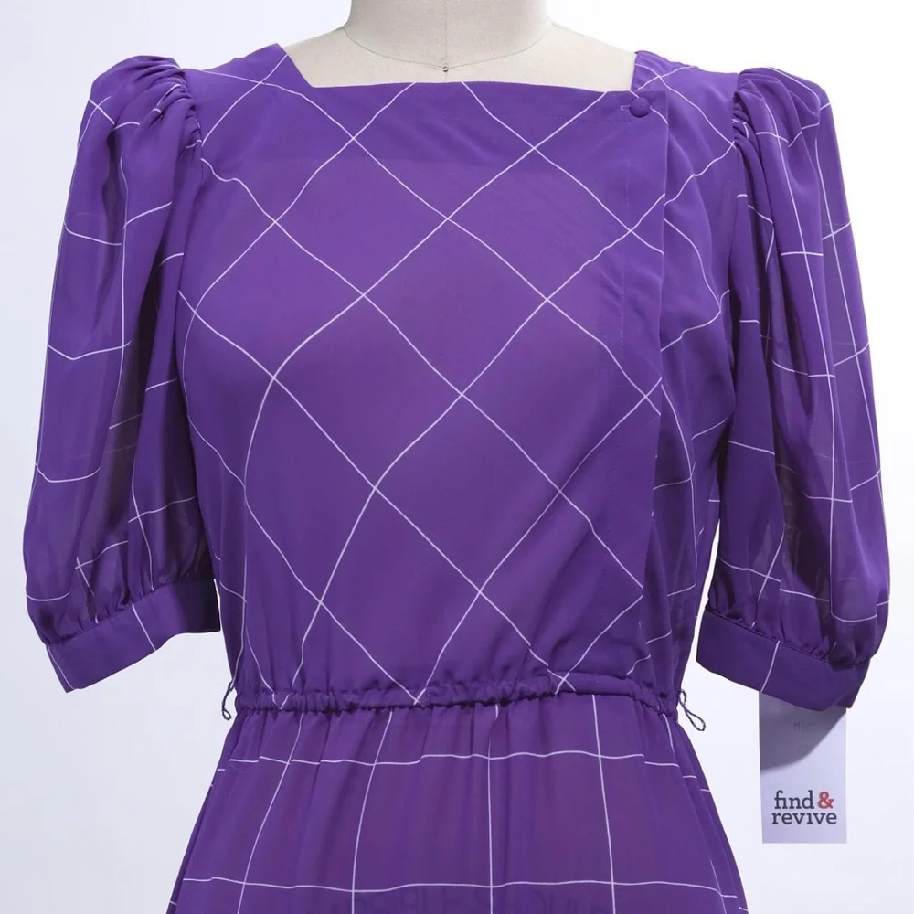 80s Windowpane Print Chiffon Dress - Picture 3 of 4